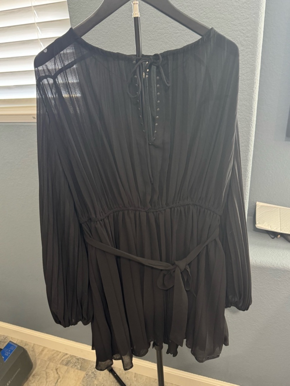 Zara Black Long-Sleeve Pleated Tie-Waist Dress